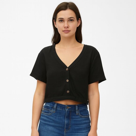 Express Tops - NWT Express Black Button Up Crop Top Short Sleeve Size Large